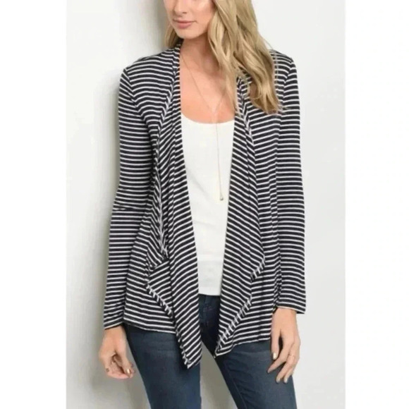 J. Crew Navy White Stripe Preppy Career Open Front Waterfall Cardigan Size Small - Picture 1 of 4